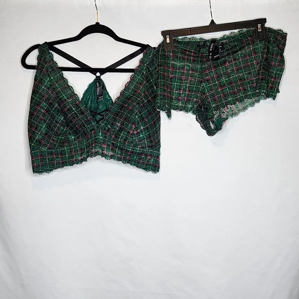4X 26W Torrid Green Plaid Lightly Lined Lace Front Bralette Panty Set Cheeky NWT - Picture 3 of 8